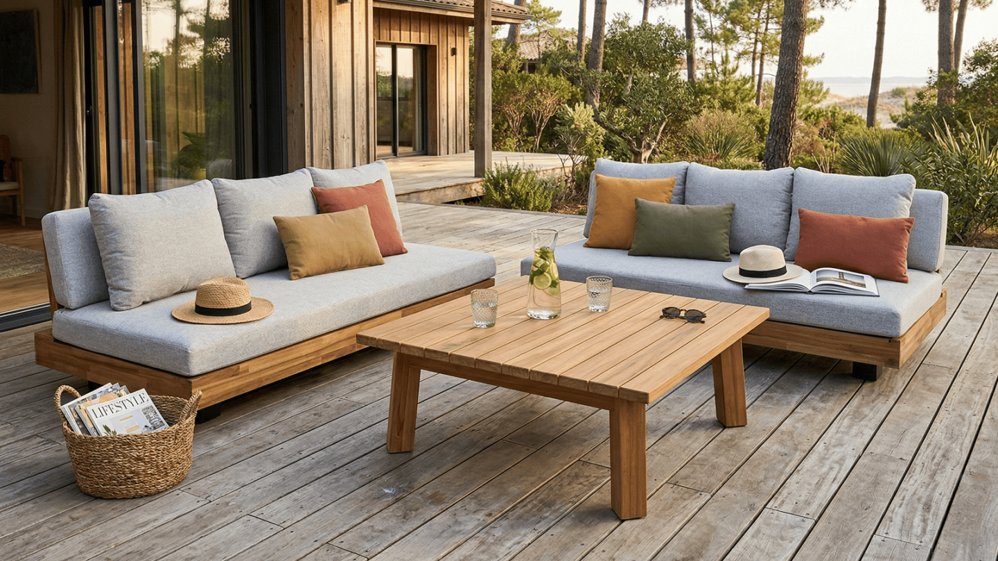 salon de jardin 6 places en bois fsc 2 canapes 3 pl capri